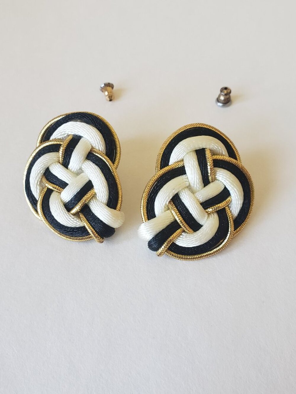 Vintage Braided Black White and Gold Corded Earrings